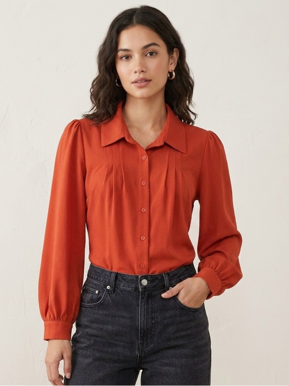 Forever 21 Red Orange Puff Sleeve Button Front Blouse Size Medium